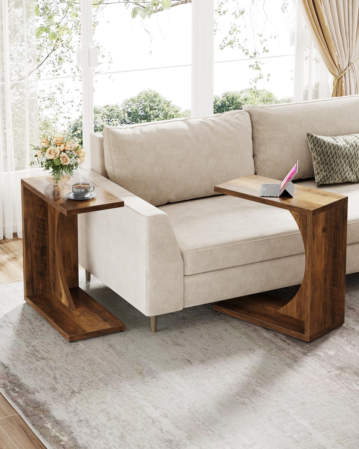 Tribesigns C-Shaped End Table for Couch, Sofa Side Table, C Table for Small Space, Living Room, Bedroom (2, Brown)