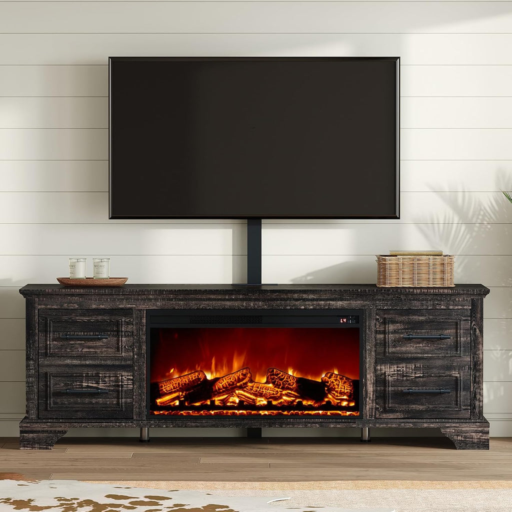 AMERLIFE 70' Fireplace TV Stand with Mount, Farmhouse Entertainment Center with 30' Electric Fireplace & Power Outlets for 32 to 70 inch TVs, Black Oak
