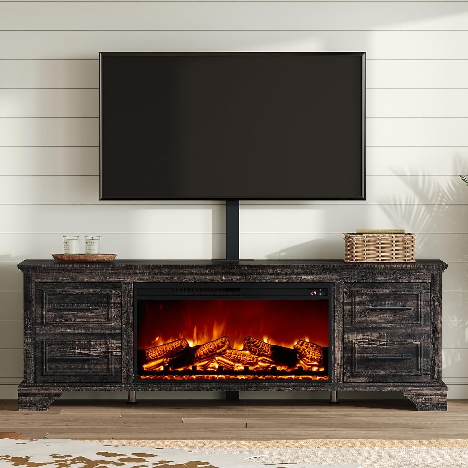 AMERLIFE 70' Fireplace TV Stand with Mount, Farmhouse Entertainment Center with 30' Electric Fireplace & Power Outlets for 32 to 70 inch TVs, Black Oak