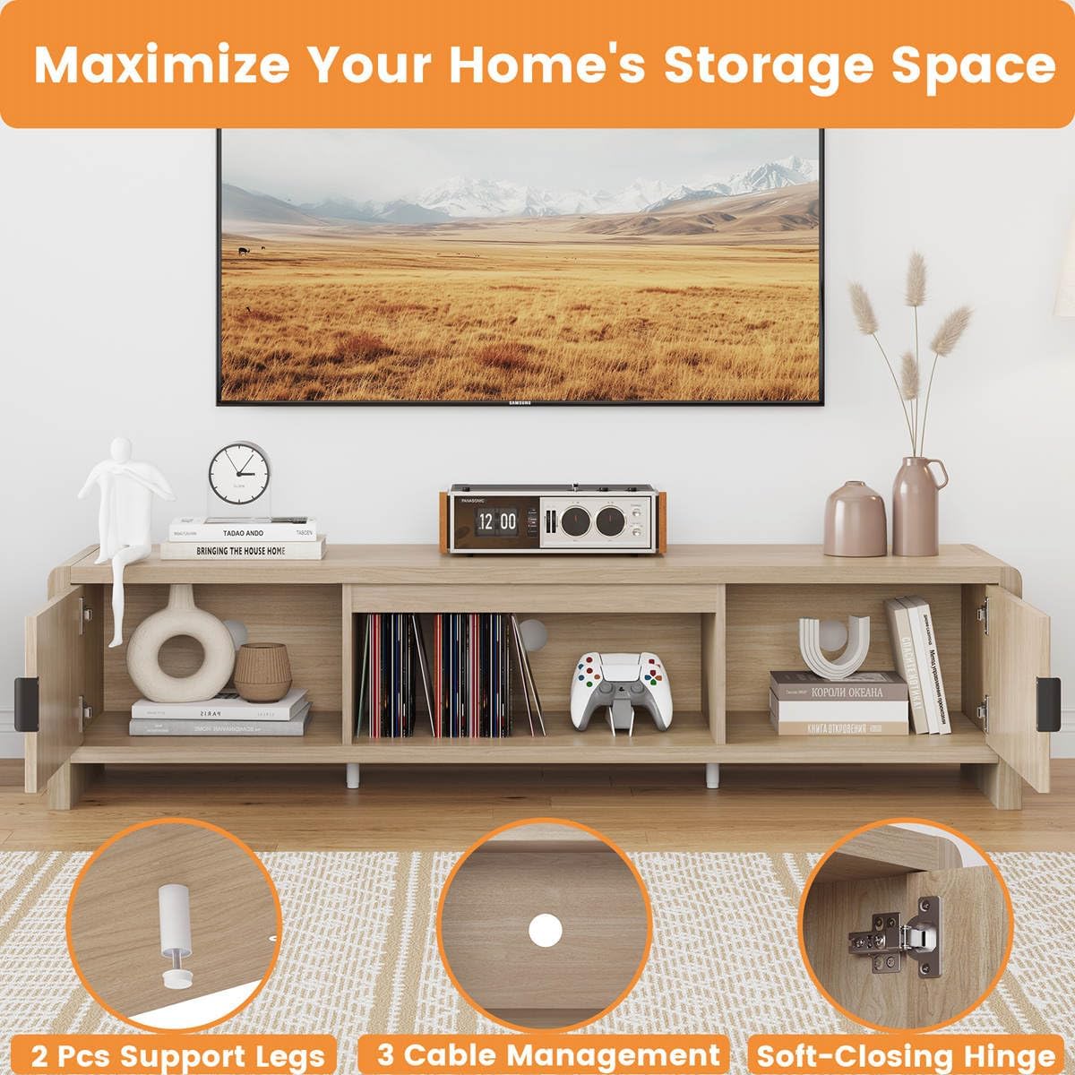 FATORRI TV Stand for TVs up to 75/65/55 Inch, Wood Entertainment Center with Storage, Farmhouse Waveform Fluted-Door Television Media Console for Living Room, Bedroom (63 Inch W, Light Walnut)