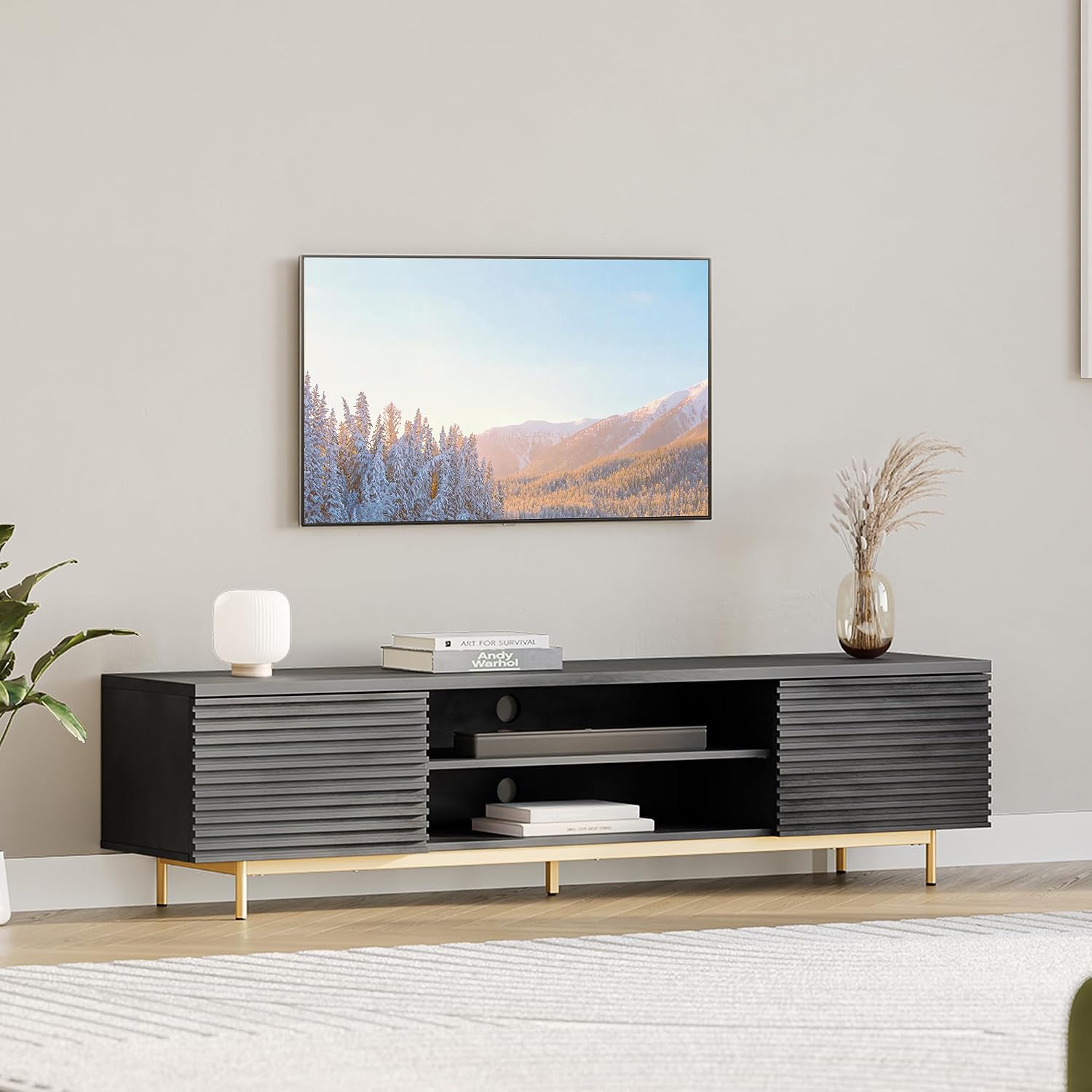 BELLEZE 68' Fluted TV Stand for TV up to 75', Modern Entertainment Center with Storage Cabinet, Slatted Door Decorated Media Console Table, Home Living Room Bedroom Furniture(Ebony)