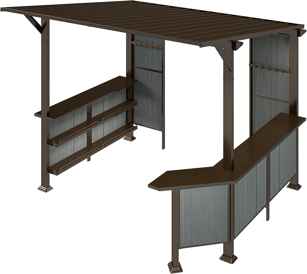 GOWE 9X10FT Hardtop Grill Gazebo, Lean to Outdoor BBQ Gazebo with Storage Shelves and Expansion Platform, Galvanized Steel Permanent Hard top Grill Canopy for Patio Backyard Lawn Garden -Brown