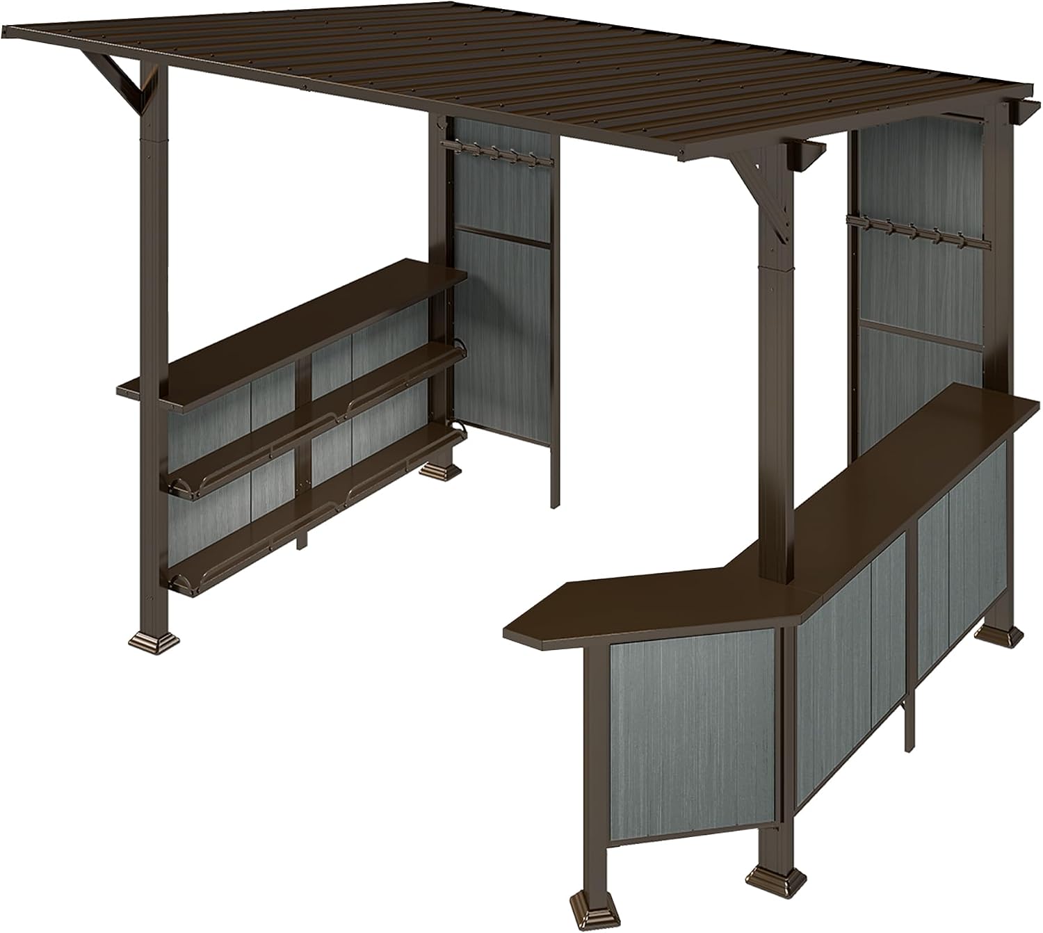 GOWE 9X10FT Hardtop Grill Gazebo, Lean to Outdoor BBQ Gazebo with Storage Shelves and Expansion Platform, Galvanized Steel Permanent Hard top Grill Canopy for Patio Backyard Lawn Garden -Brown