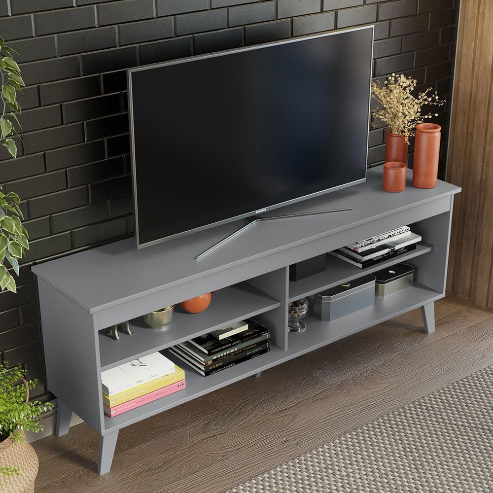 Madesa TV Stand Unit with 4 Shelves and Cable Management for 55, 65 Inch Media 1 Storage Gaming Media Console Living Room and Bedroom Entertainment Center Modern Wooden Television Cabinet - Grey