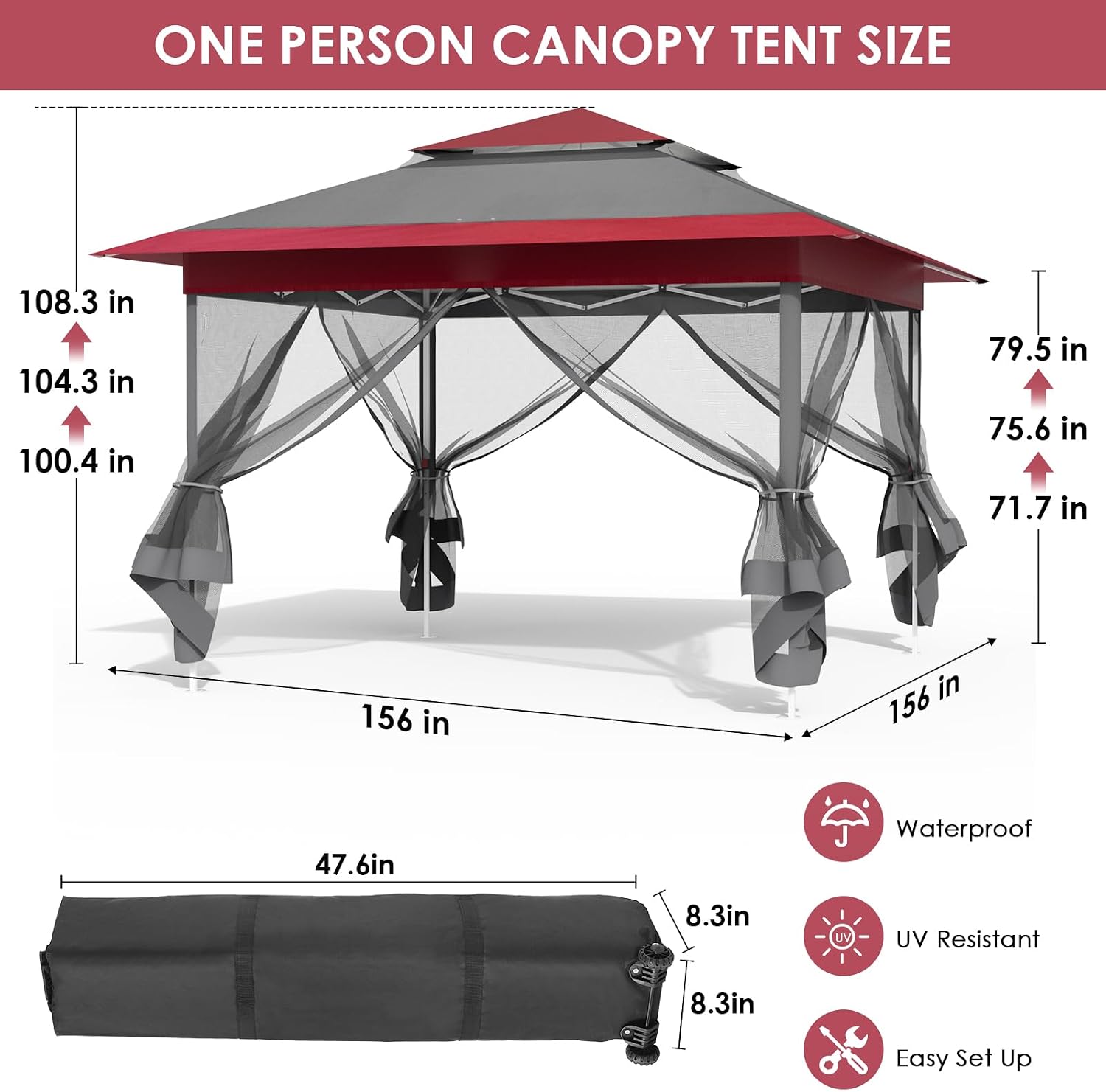 MAMIZO 13ft Pop Up Gazebo, Outdoor Instant Canopy Tent w/4 Netting Sidewall & Auto Extending Eave, Patio Gazebos Shelter w/Mesh Wall, Center Lock, Wheeled Bag for Garden, Yard (Red, 13X13FT)