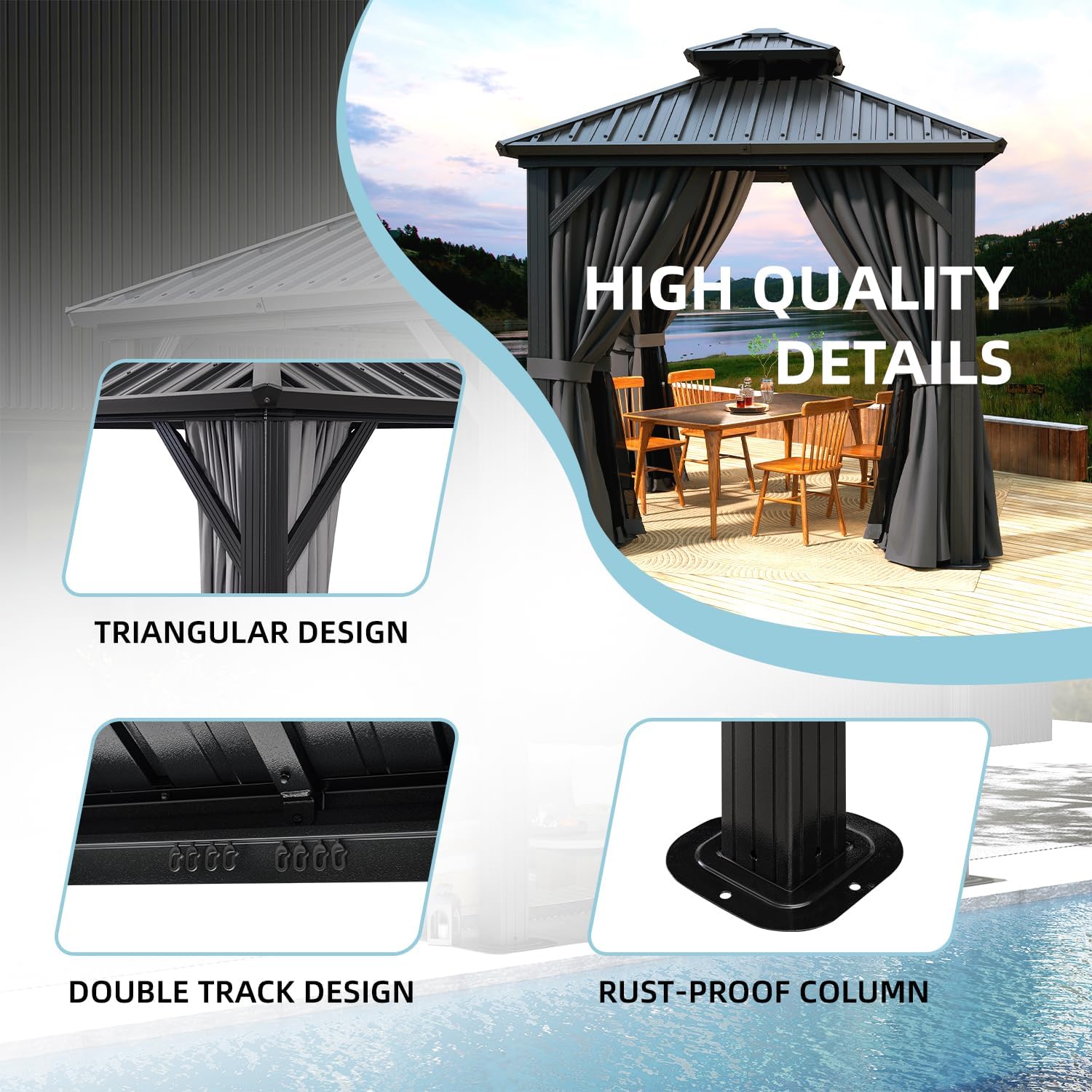 Double Roof Metal Pavilion, 8x8FT, Black and Grey, Sturdy and Spacious Outdoor Shelter, New Model for Garden, Patio, or Backyard