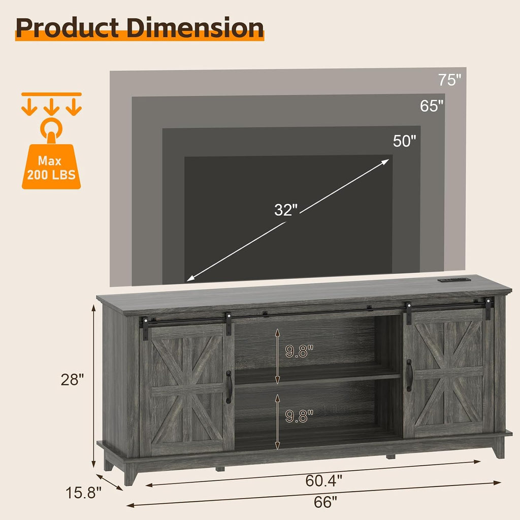 Garvee Home Farmhouse TV Stand for 75 in Television, Wood Entertainment Center with Storage & Barn Doors, Adjustable Shelf Media TV Console Table Cabinet for Living Room, 66 in Large, Oak