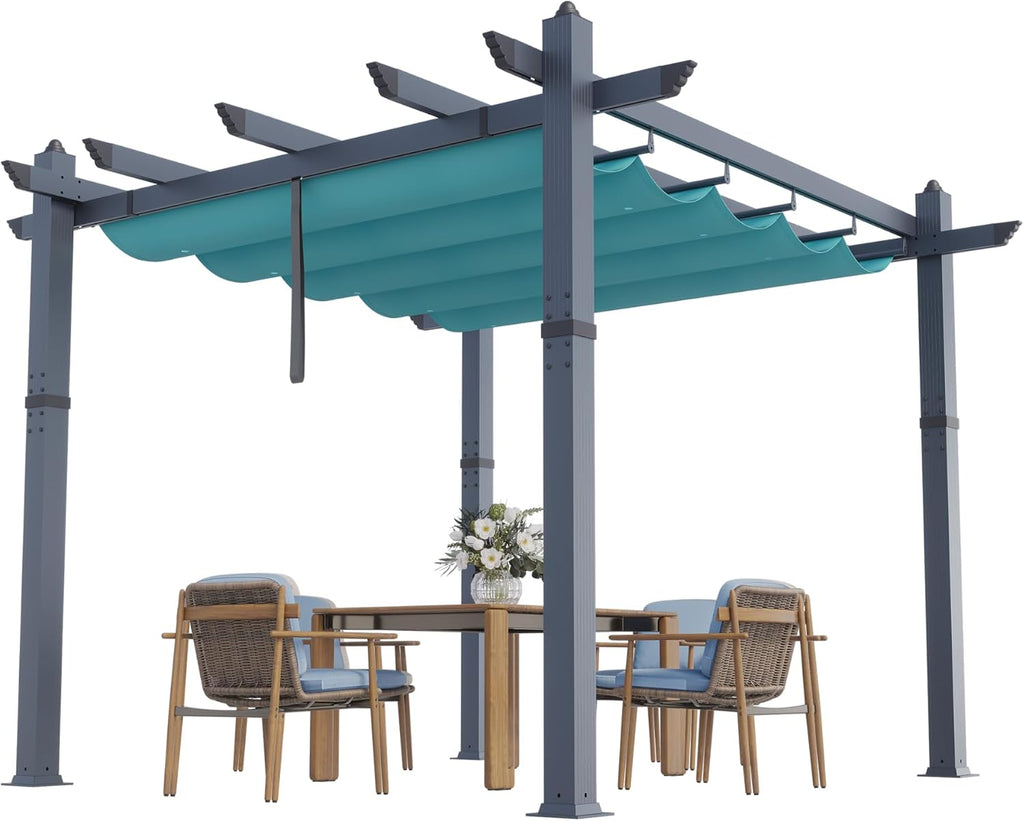 GarveeLife 10x10 ft Aluminum Pergola, Outdoor Metal Gazebo with Adjustable Canopy, Reinforced Frame Outdoor Shelter for Backyard, Patio, Garden and Deck - Blue