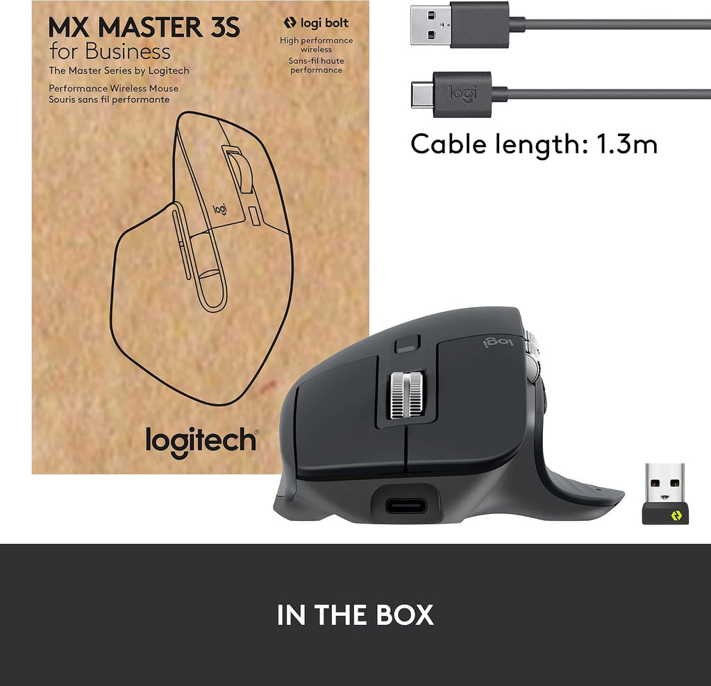 Logitech MX Master 3S for Business, Wireless Mouse with Quiet Clicks, 8K DPI, Secured Logi Bolt USB Receiver, Bluetooth, USB-C Charging, MagSpeed Scrolling, Windows/Mac/Chrome/Linux - Graphite
