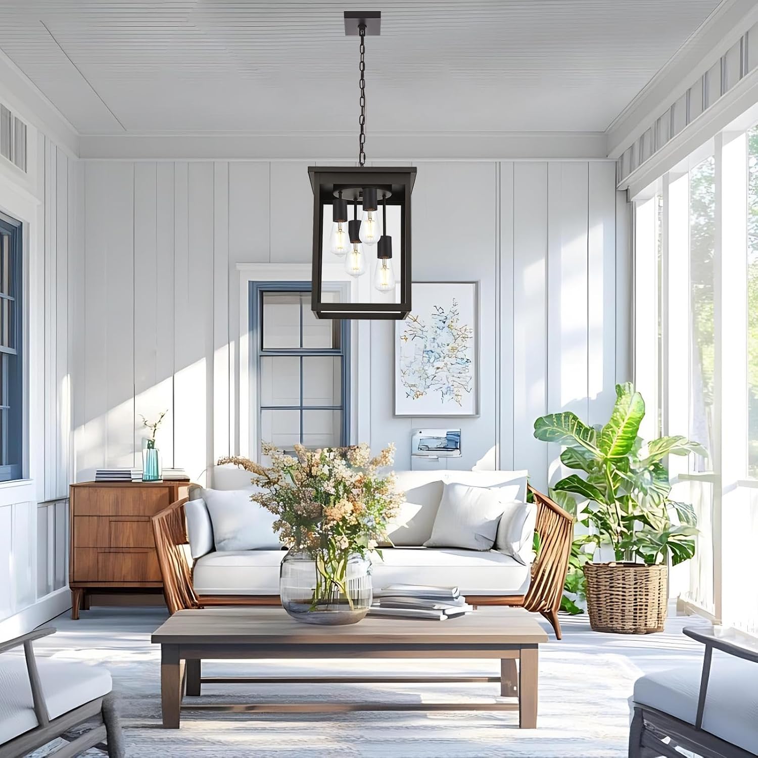 4-Light Large Outdoor Pendant Light Fixtures Oil Rubbed Bronze, Adjustable Height Outdoor Ceiling Light, Exterior Hanging Light Fixture for Patio Yard Front, E26 Base Hanging Porch Light