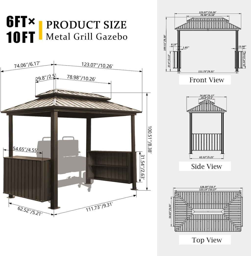 Domi 6x10FT Hardtop Grill Gazebo, Outdoor BBQ Gazebo with Double Galvanized Steel Roof, Metal Permanent Sun Shade Grill Canopy Shelter with 2 Storage Cabinets and Ceiling Hooks for Patio Yard, Brown