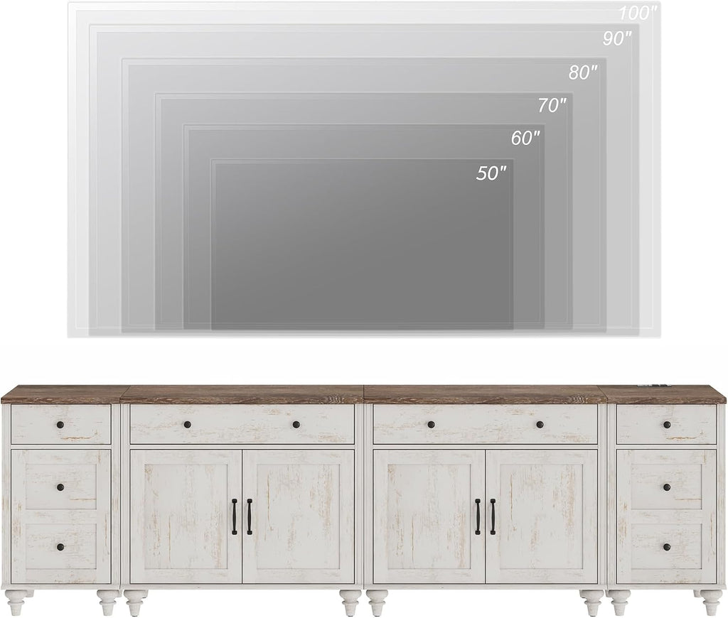 WAMPAT Farmhouse TV Stand for 100 Inch TV, 4-in-1 TV Console Table for 75/80/85/90 Inch TV, Entertainment Center with Charging Station, Kitchen Sideboard Buffet Cabinet for Dining Room, Rustic White
