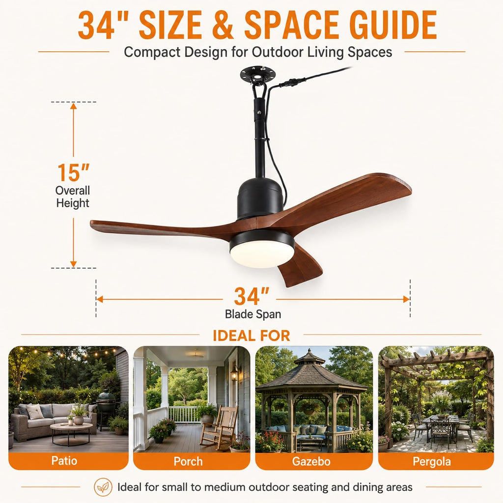 34 Inch Outdoor Ceiling Fan with Light and Remote, Wet Rated Gazebo Fan with 16 ft Plug in Cord, Farmhouse Wood 3 Blade Hanging Ceiling Fan for Patio Porch Pergola, Quiet Reversible DC Motor