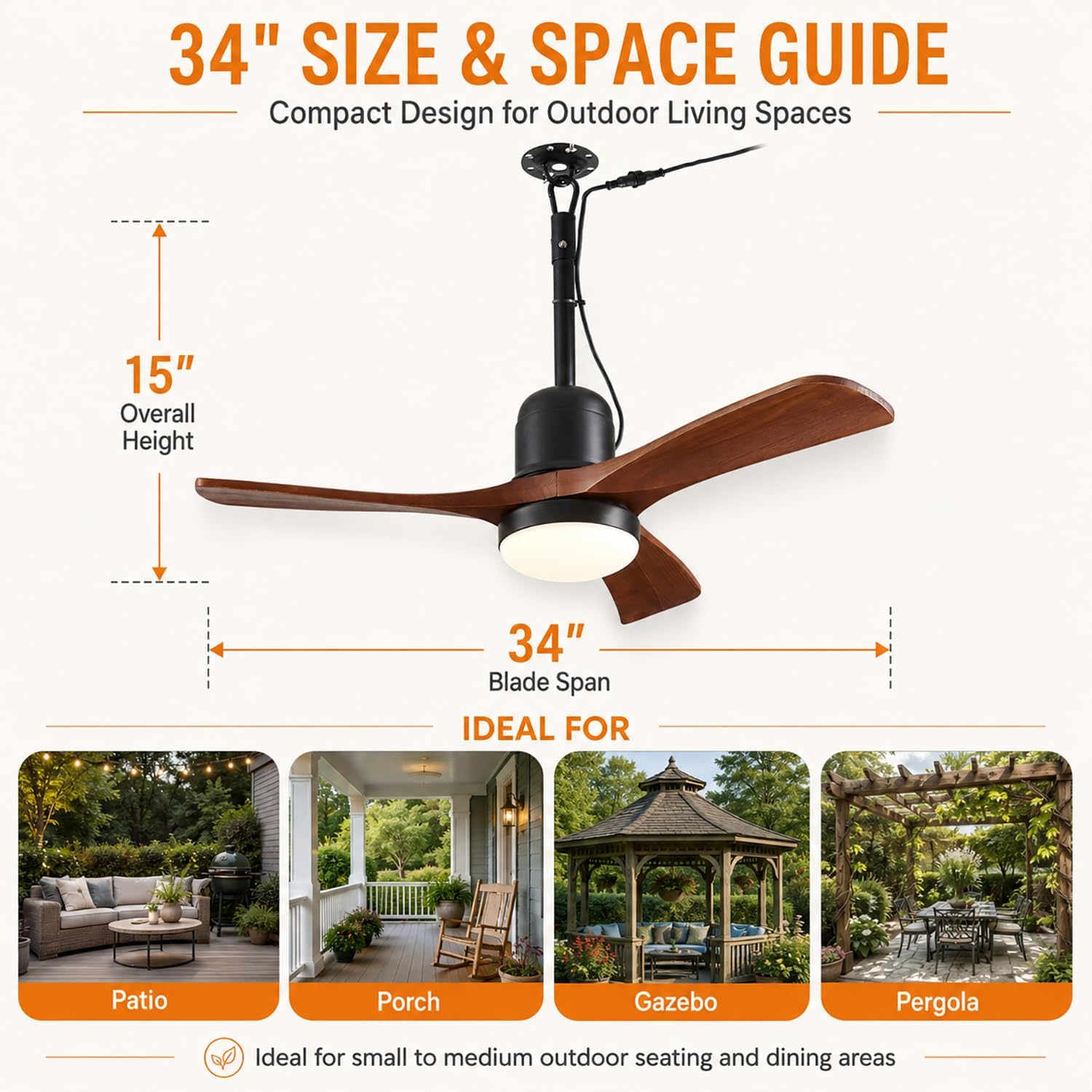 34 Inch Outdoor Ceiling Fan with Light and Remote, Wet Rated Gazebo Fan with 16 ft Plug in Cord, Farmhouse Wood 3 Blade Hanging Ceiling Fan for Patio Porch Pergola, Quiet Reversible DC Motor