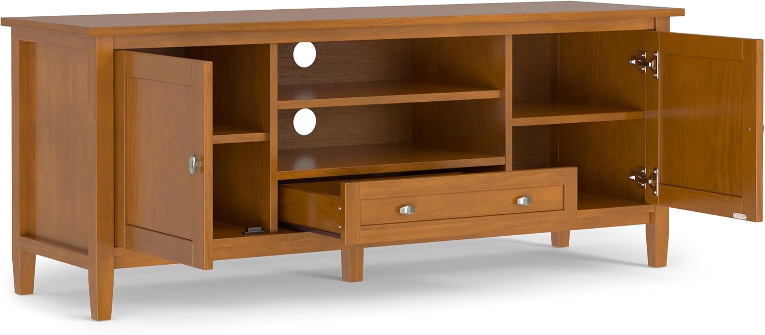 SIMPLIHOME Warm Shaker TV Stand - 60 inch Wide Solid Wood Media Console in Light Golden Brown, Transitional Entertainment Center for Living Room for TVs up to 65 Inches with Cable Management