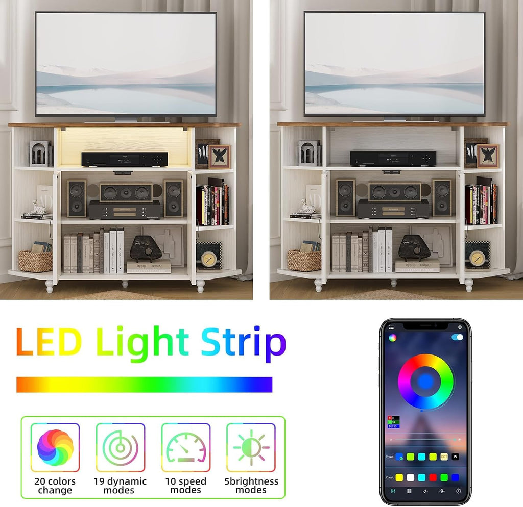 4 EVER WINNER Corner TV Stand for 55 Inch TV, Corner TV Console with Storage, Farmhouse Corner TV Cabinet with Cable Management&LED Lights for Bedroom/Living Room, White