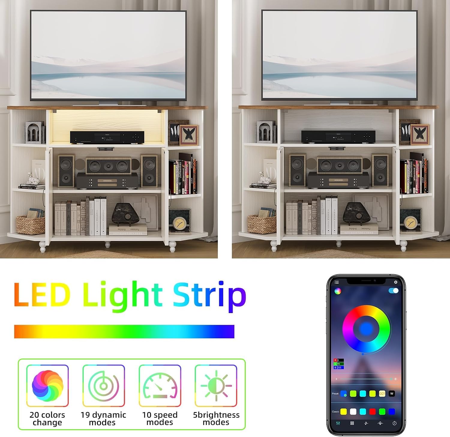 4 EVER WINNER Corner TV Stand for 55 Inch TV, Corner TV Console with Storage, Farmhouse Corner TV Cabinet with Cable Management&LED Lights for Bedroom/Living Room, White