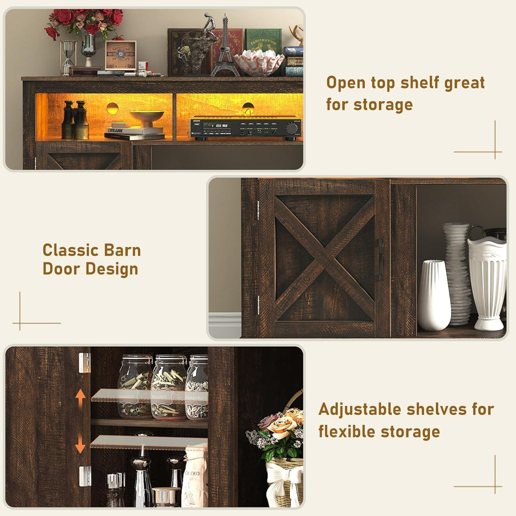jiteentarou Farmhouse TV Stand for 85/90/95 Inch TV, 32'Tall Entertainment Center w/LED Light, Large Media Console Cabinet w/Barn Doors & Adjustable Shelves for Living Room, Brown