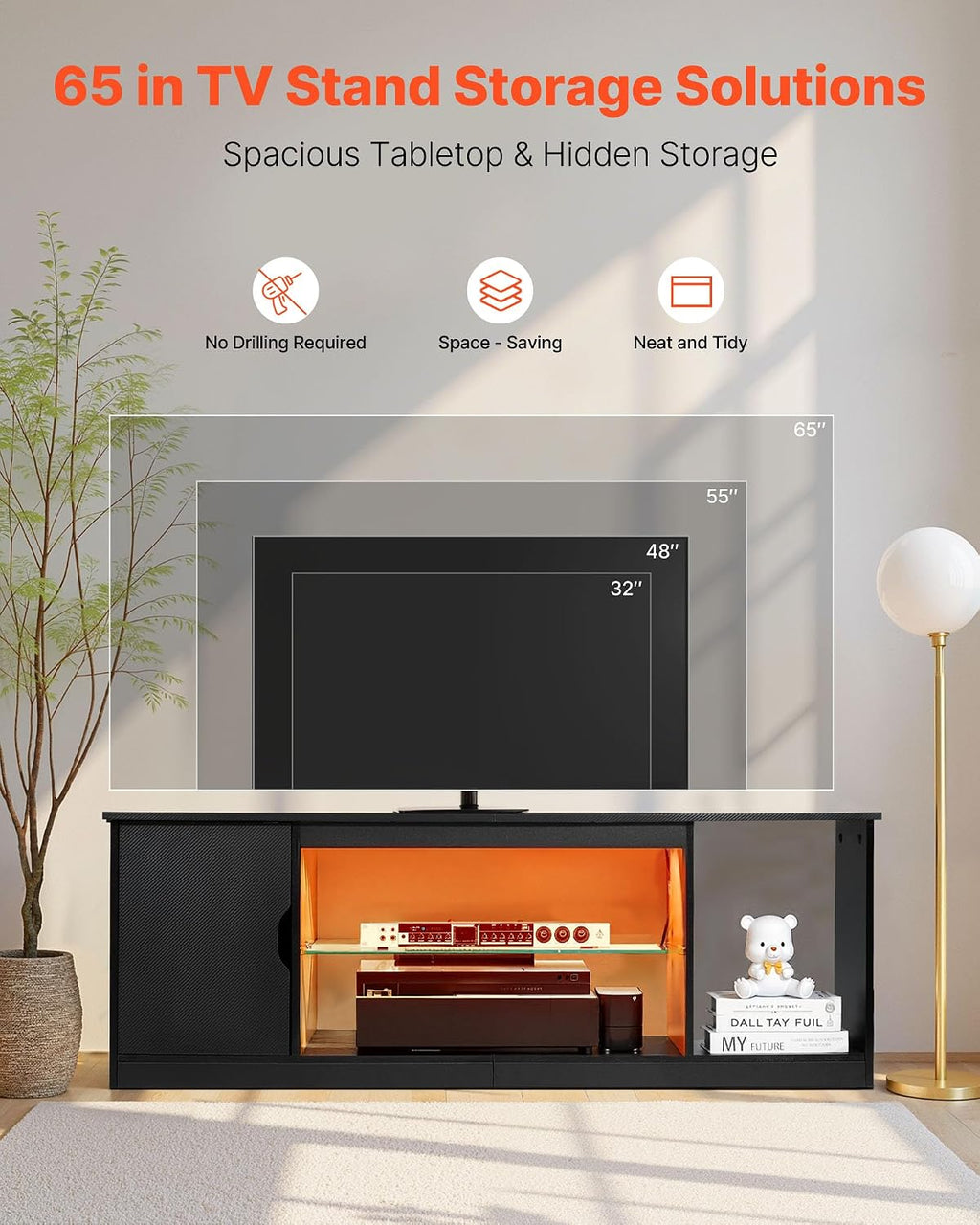 VEVOR Modern TV Stand for 65 inch TVs, LED Entertainment Center with Storage Cabinet for PS5 Xbox Gaming Media Console Table with Adjustable Glass Shelf, Wood TV Cabinet for Living Room Bedroom, Black