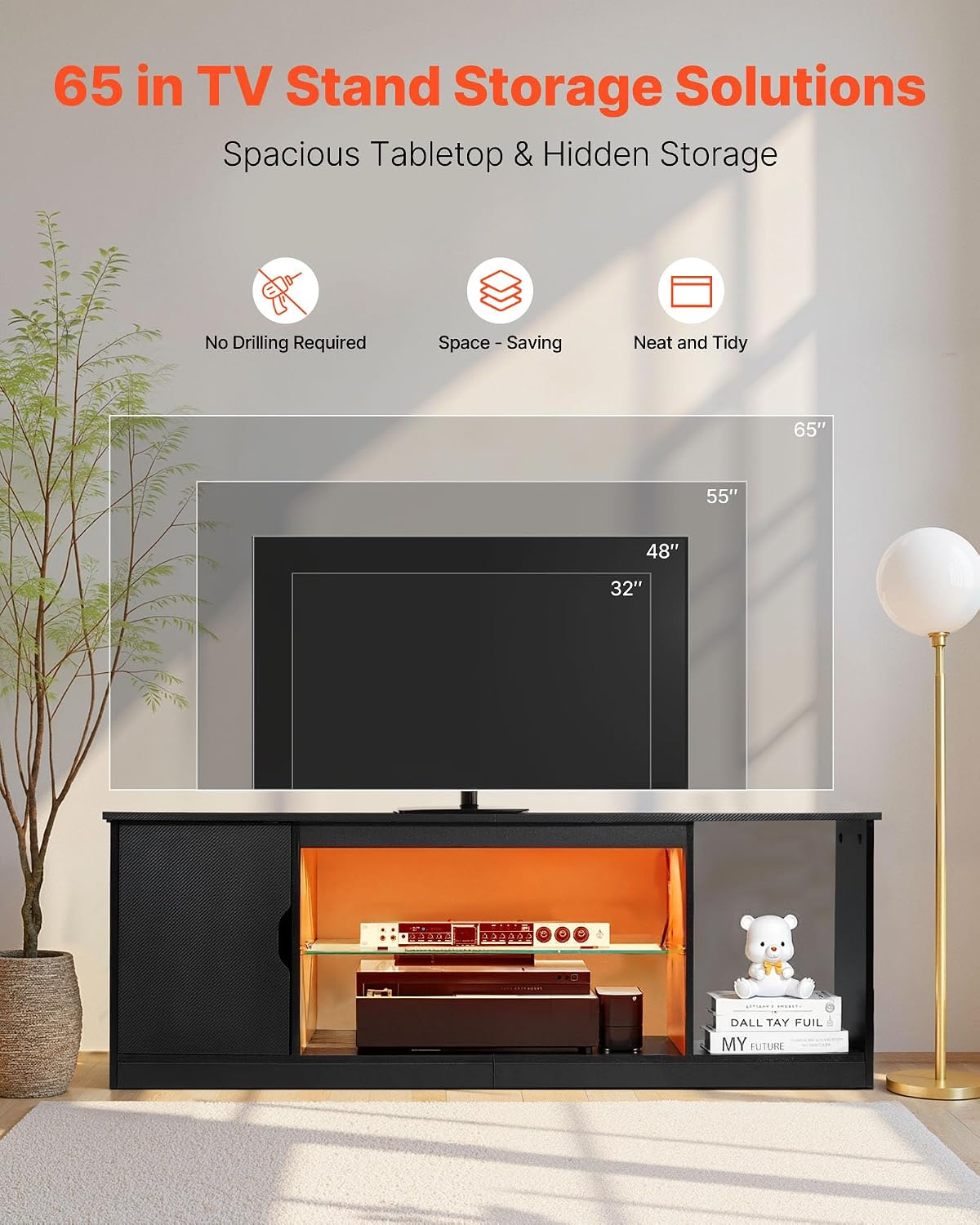 VEVOR Modern TV Stand for 65 inch TVs, LED Entertainment Center with Storage Cabinet for PS5 Xbox Gaming Media Console Table with Adjustable Glass Shelf, Wood TV Cabinet for Living Room Bedroom, Black