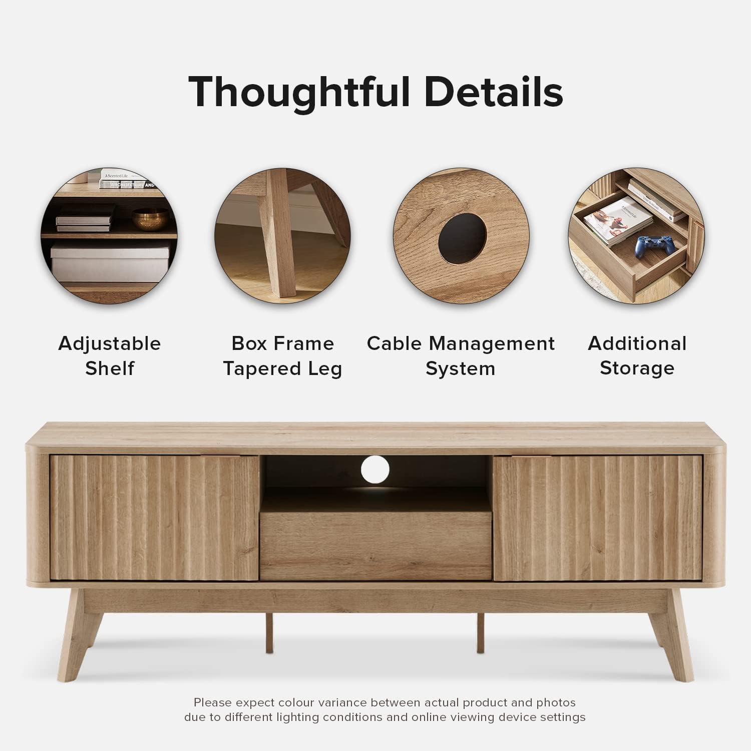 mopio Brooklyn Mid-Century Modern TV Stand, for TVs up to 50' / 59' Waveform Panel, Sleek Curved Profile with Adjustable Shelf and Sturdy Box Frame Leg (Golden Oak, 57')