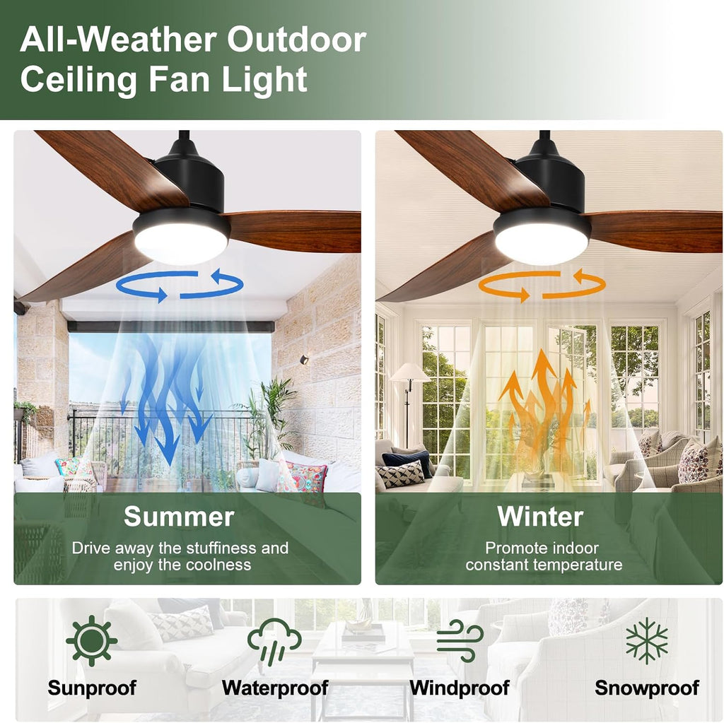 Outdoor Ceiling Fan with Light: 42' Walnut Hanging Fan for Gazebo Waterproof - Plug In Outdoor Fans for Patio Porch Pergola with APP Remote Control Reversible DC Motor