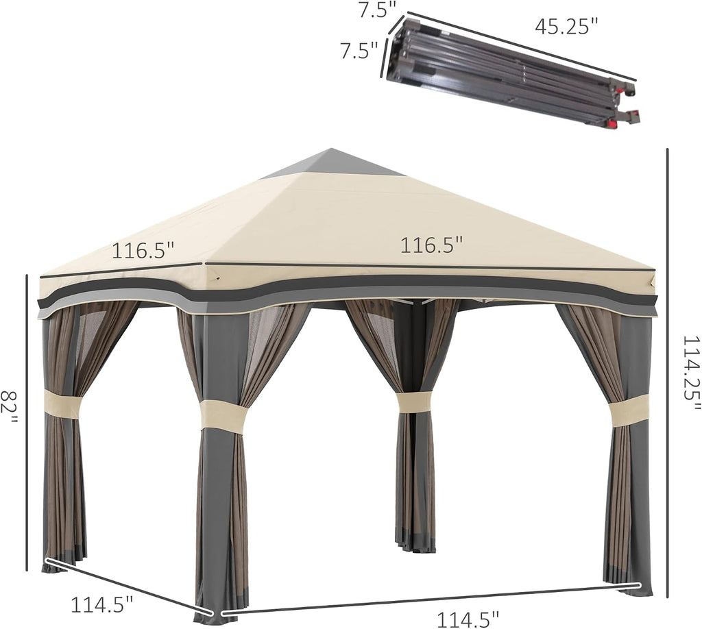 Outsunny 10' x 10' Pop Up Canopy Tent with Netting, Instant Tents for Parties, Height Adjustable, with Wheeled Carry Bag and 4 Sand Bags for Outdoor, Garden, Patio, Beige