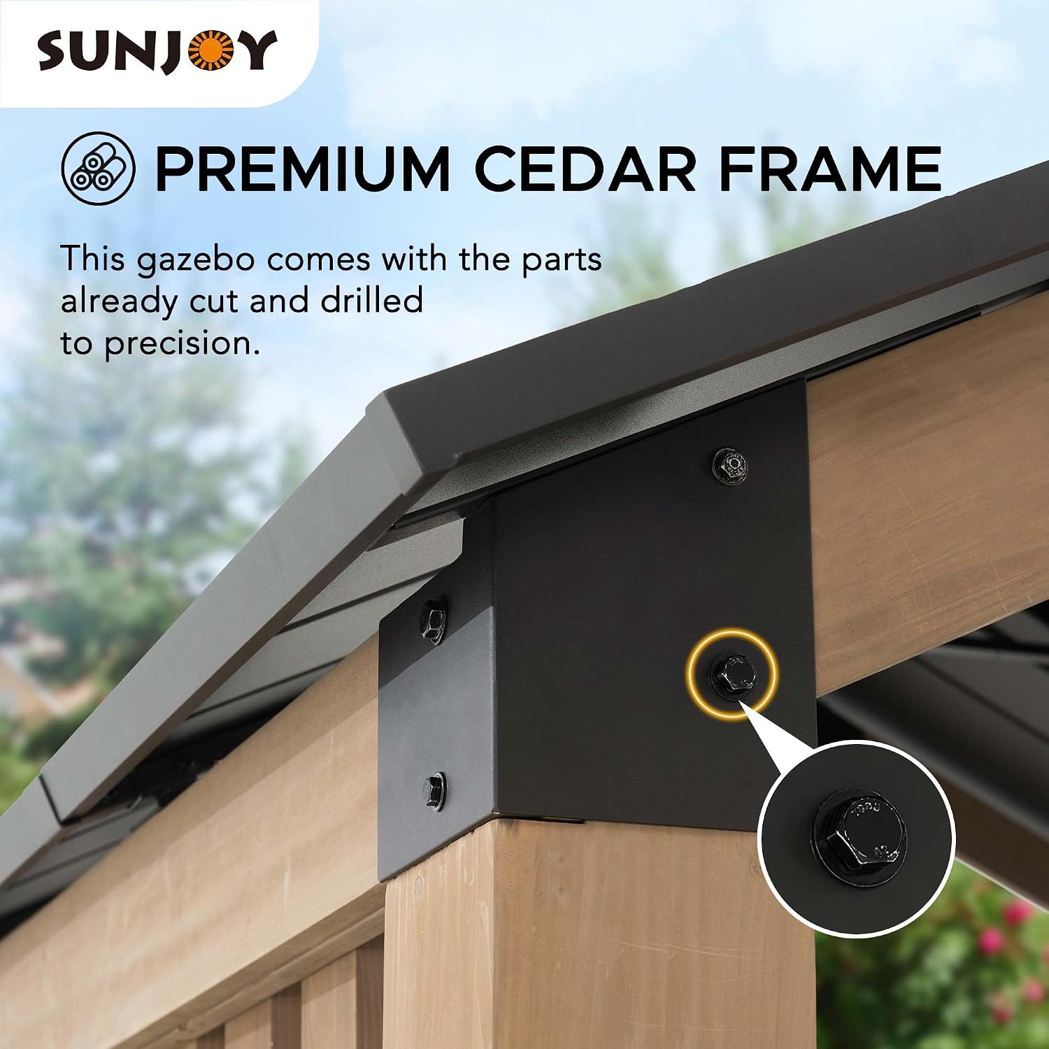 SUNJOY 11x11ft. Cedar Wood Gazebo with Six 5.5x5.5 in. Heavy Posts, Permanent Hard Top Pavilion with Wooden Privacy Screen for Backyard Hot Tub, Ceiling Hook - Outdoor Patio, Matte Black