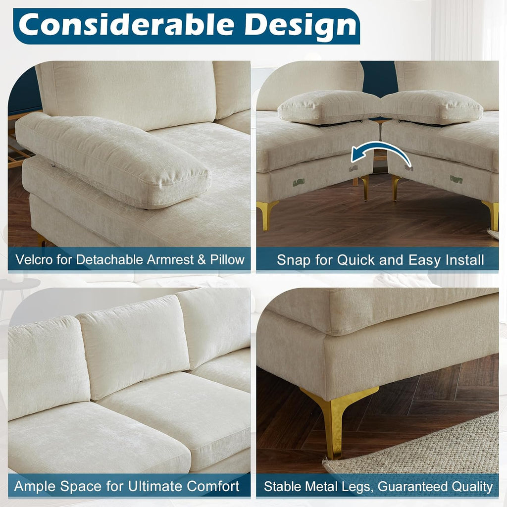 VINGLI 110' Large U-Shape Sectional Sofa Couch with 51' D Double Chaise for Living Room, Modern Sectional Couch Set with Soft 5.9' Thickness Seating Padding, Chenille Fabric,Metal Gold Legs(Beige)