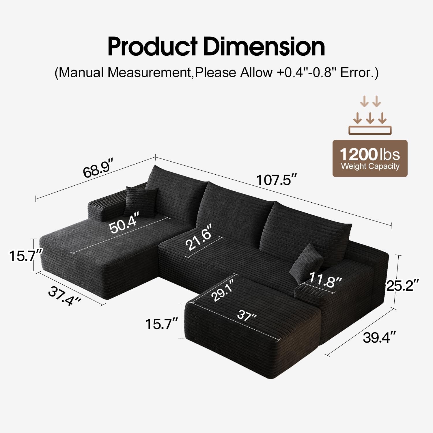 107' Comfy U-Shaped Sectional Modern Boneless Corduroy Couch with Chaise ‌and Ottoman‌ - No Assembly Required! Deep-Seat, Upholstered Modular Cloud Sofa for Living Room, Plush Corduroy Fabric(Black)