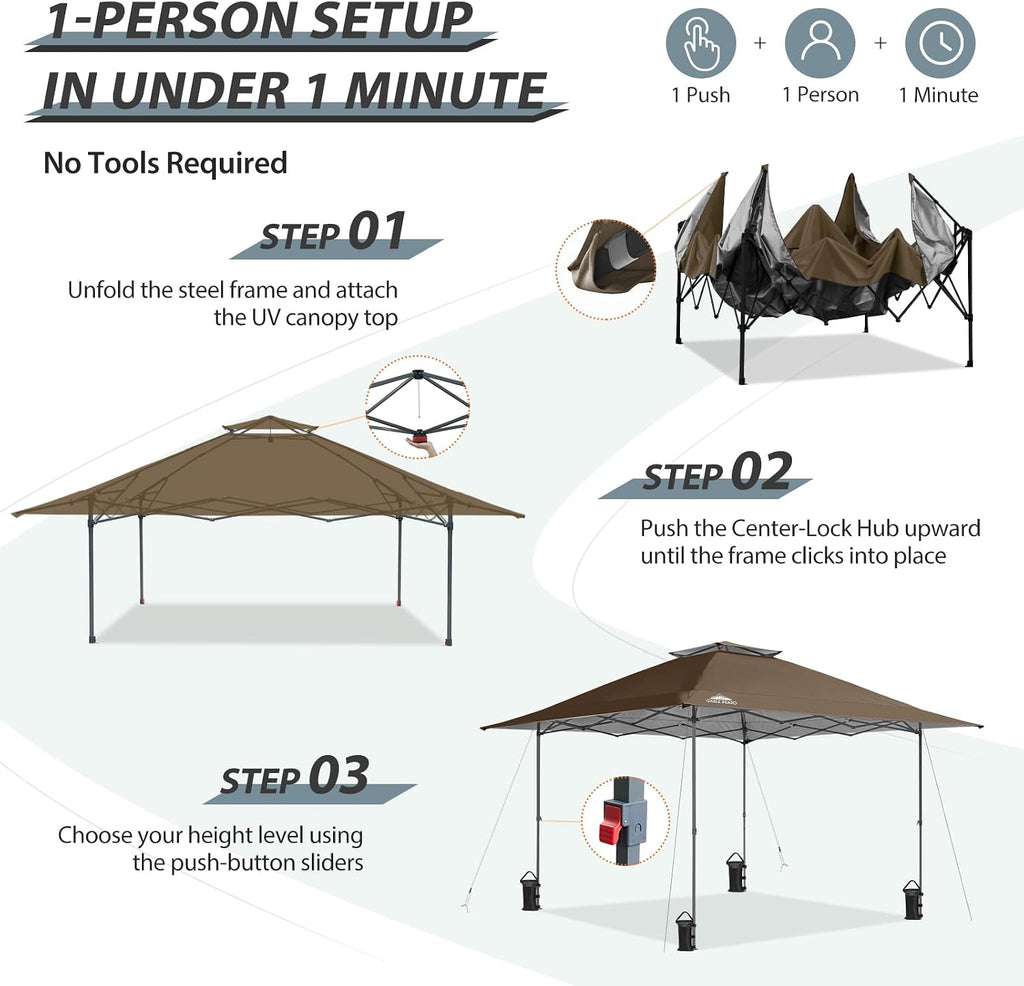 EAGLE PEAK 13x13 Straight Leg Pop Up Canopy Tent Instant Outdoor Canopy Easy Single Person Set up Folding Shelter w/Auto Extending Eaves 169 Square Feet of Shade (Brown)