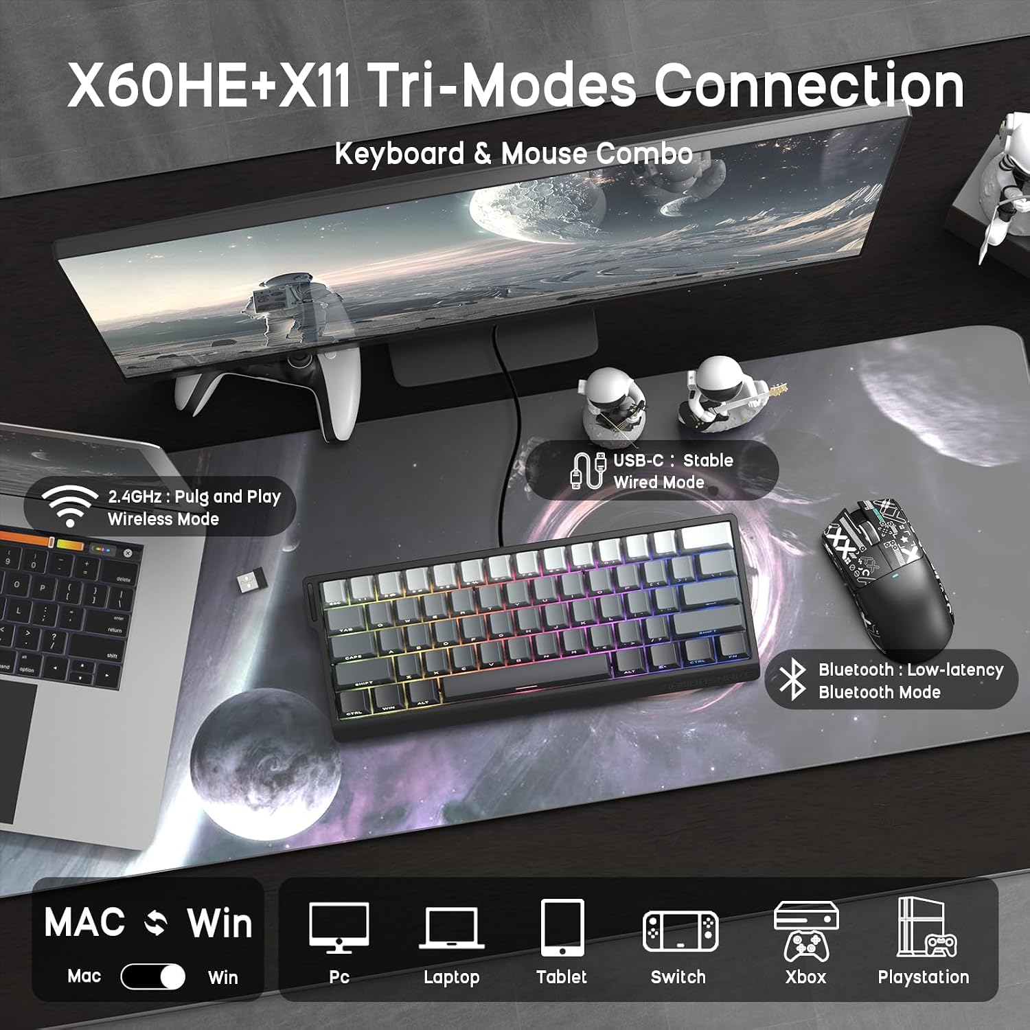 ATTACK SHARK X11 Mouse and X60 HE Keyboard Wireless Gaming Combo,Magnetic Switch,8K Polling Rate,Hall Effect,Rapid Trigger,PAW3311 Optical Sensor,22K DPI,Lightweight-Black