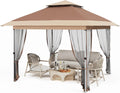12x12 Pop Up Canopy - Outdoor Gazebo Tent with Mosquito Netting & Curtains, Adjustable Height, Includes Wheeled Carry Bag for Patio/Garden/Backyard (Deep Brown & Khaki)