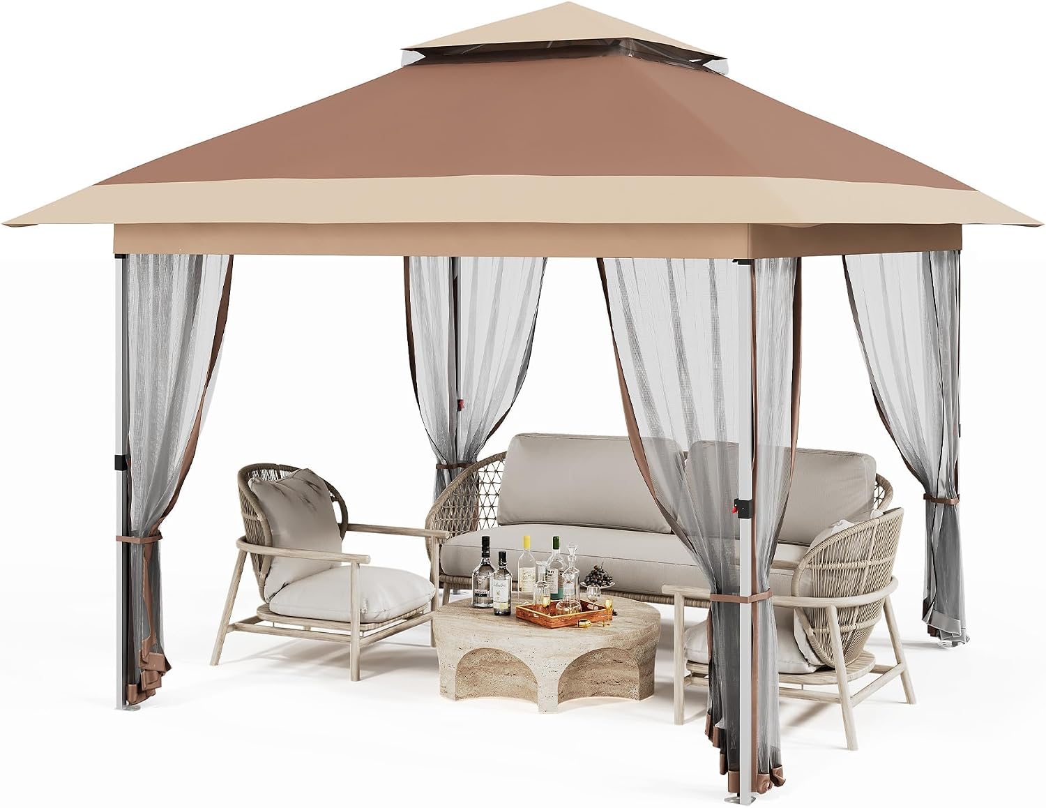 12x12 Pop Up Canopy - Outdoor Gazebo Tent with Mosquito Netting & Curtains, Adjustable Height, Includes Wheeled Carry Bag for Patio/Garden/Backyard (Deep Brown & Khaki)
