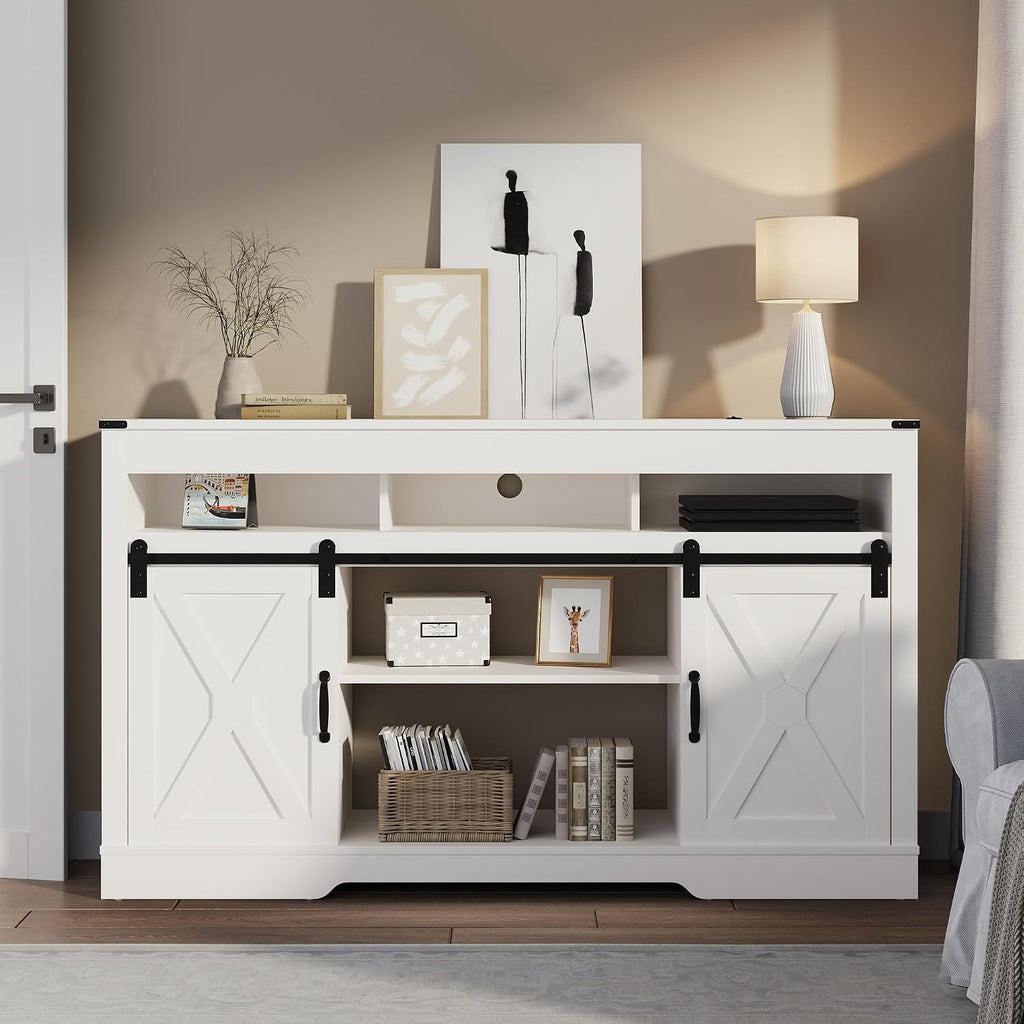 RoyalCraft TV Stand for 65+ Inch TV: Farmhouse Entertainment Center with Storage, Wood TV Console Cabinets with Sliding Barn Door, Tall Media with Adjustable Shelves for Living Room, Coastal Fog