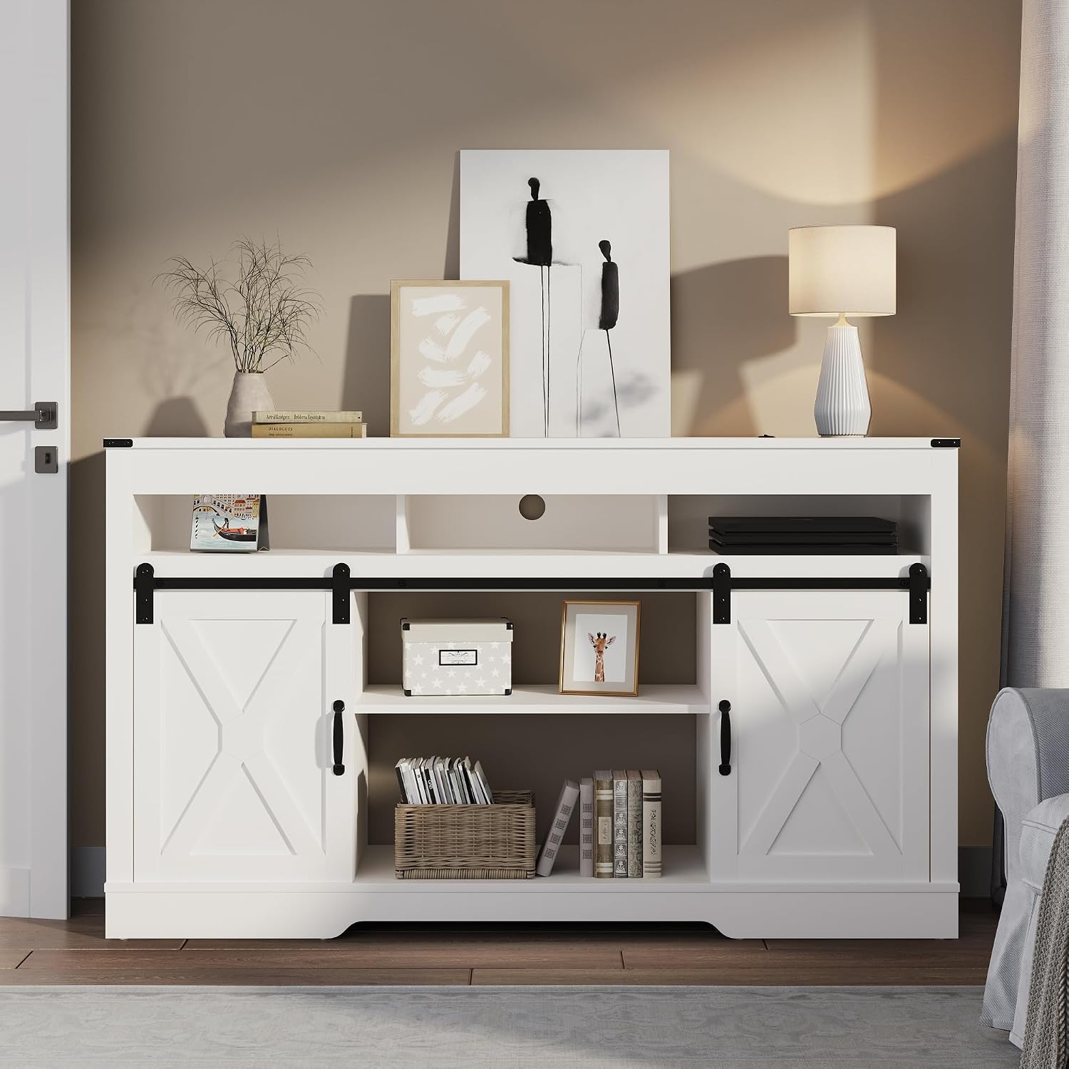 RoyalCraft TV Stand for 65+ Inch TV: Farmhouse Entertainment Center with Storage, Wood TV Console Cabinets with Sliding Barn Door, Tall Media with Adjustable Shelves for Living Room, Coastal Fog