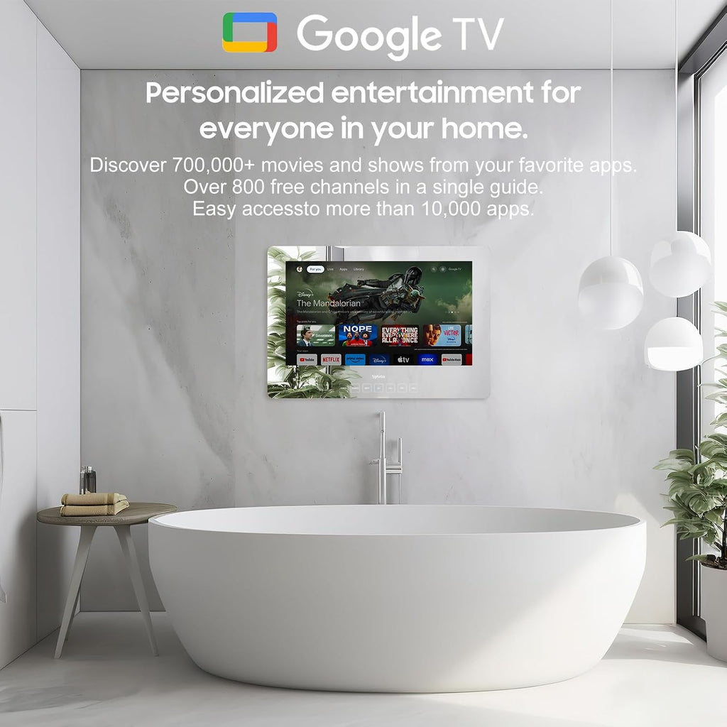 SYLVOX 32 inch Bathroom TV, 1080P Mirror Television with Google OS NTSC & ATSC Tuner WiFi Bluetooth Voice Remote, IP66 Waterproof Magic TV for Bathroom Bathtub Hotel Shower Spa (Wall Mount)