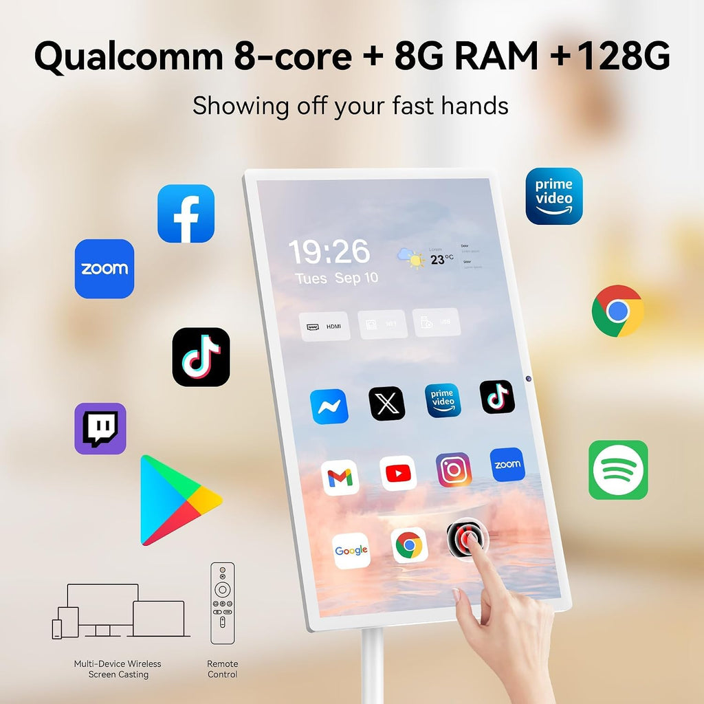 Bisprico 32 Inch UHD 4K Portable Smart TV on Wheels, Qualcomm Snapdragon 710 CPU, Built-in 8-10H Battery, 8+128GB, Android 14 OS Touch Screen Monitor, 8MP Camera, Full Swivel Rotation, Remote Control