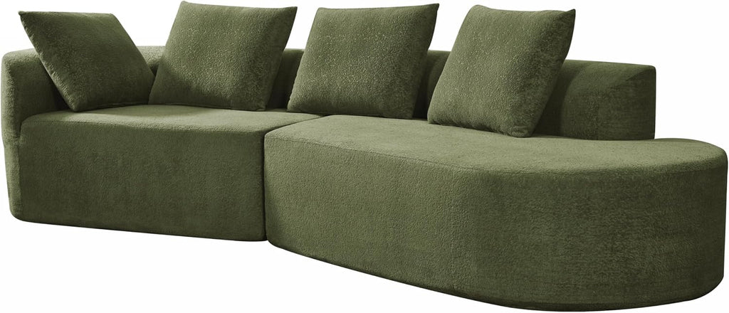 Merax 116' Curved Polyester Sectional Sofa, Modern Pearl Upholstery 3 Seat Cloud Couch with Chaise Lounge & 4 Pillows for Living Room, Green
