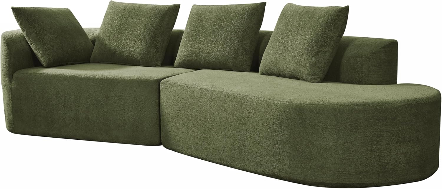 Merax 116' Curved Polyester Sectional Sofa, Modern Pearl Upholstery 3 Seat Cloud Couch with Chaise Lounge & 4 Pillows for Living Room, Green