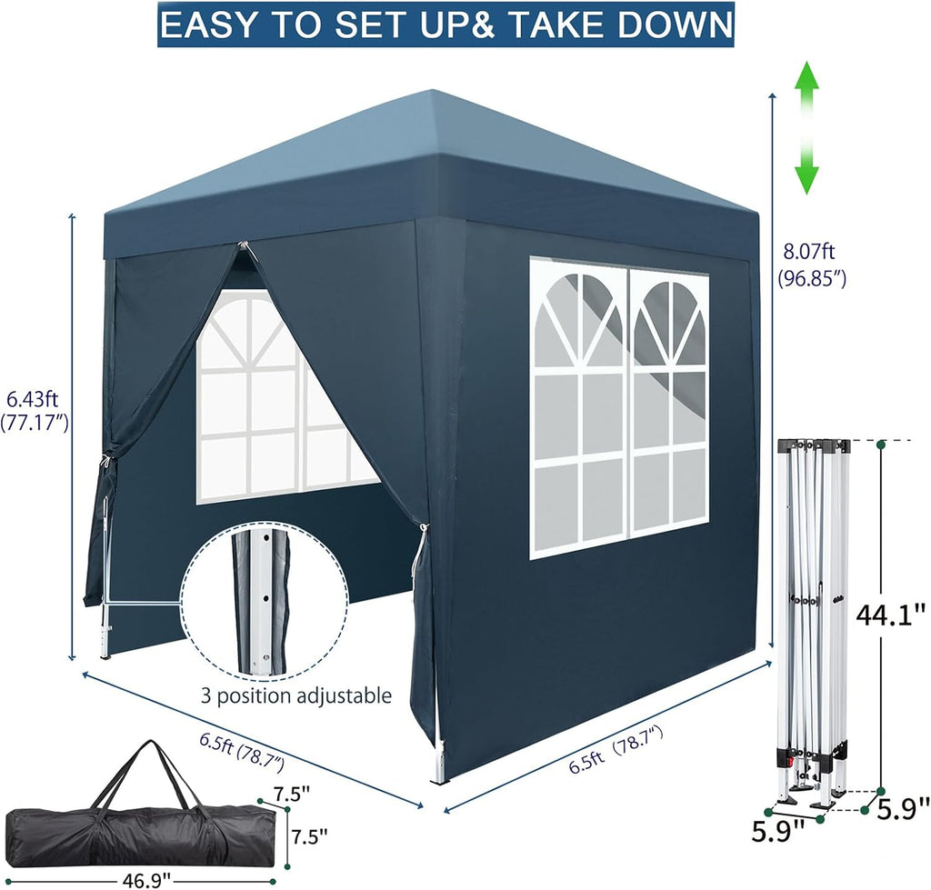 6.5x6.5 Pop Up Canopy Tent with Sidewalls, 3 Height Adjustable Beach Tent with Carrying Bag, 8 Stakes & 4 Ropes, Easy Set Up Gazebo for Events, Party, Wedding