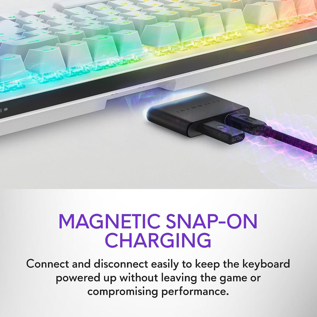 Alienware AW920K Tri-Mode Wireless Gaming Keyboard - Rechargeable, Wireless/Wired, Magnetic Snap-on Charging, Programmable Rocker Switch and Dial, AlienFX per-Key RGB - Lunar Light