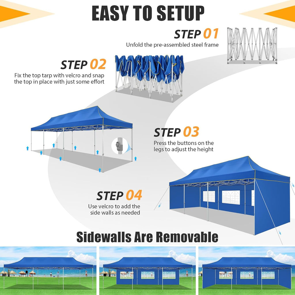 HOTEEL 10x30 Heavy Duty Pop Up Canopy Tent with 5 Sidewalls&Wheeled Bag, Commercial Event Party Tent Wedding Instant Canopy Waterproof, Upgraded Thicked Hexagonal Legs, UV 50+, Blue