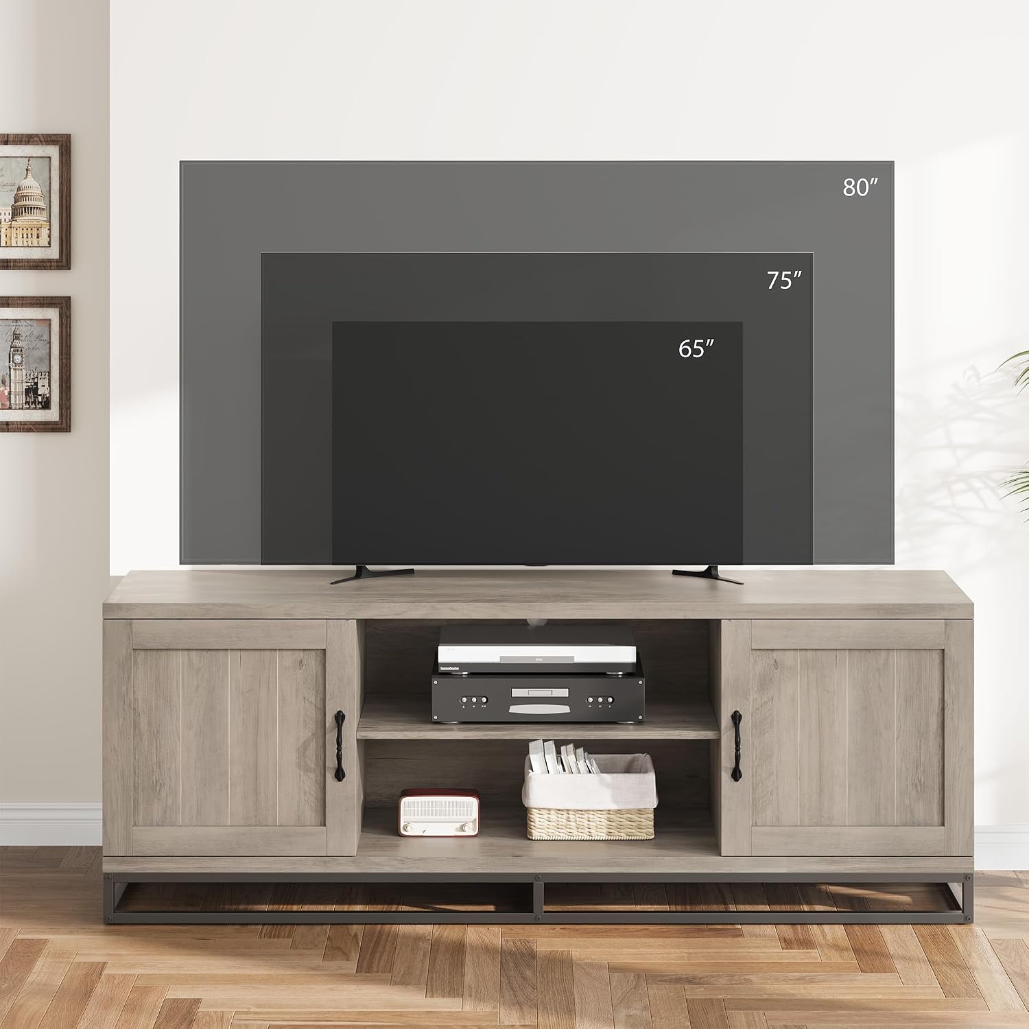 IDEALHOUSE Farmhouse TV Stand for Living Room, Entertainment Center with 2-Tier Adjustable Shelves & Metal Leg, Wooden TV & Media Console Table for 75 Inch with Storage Compartments, Gray