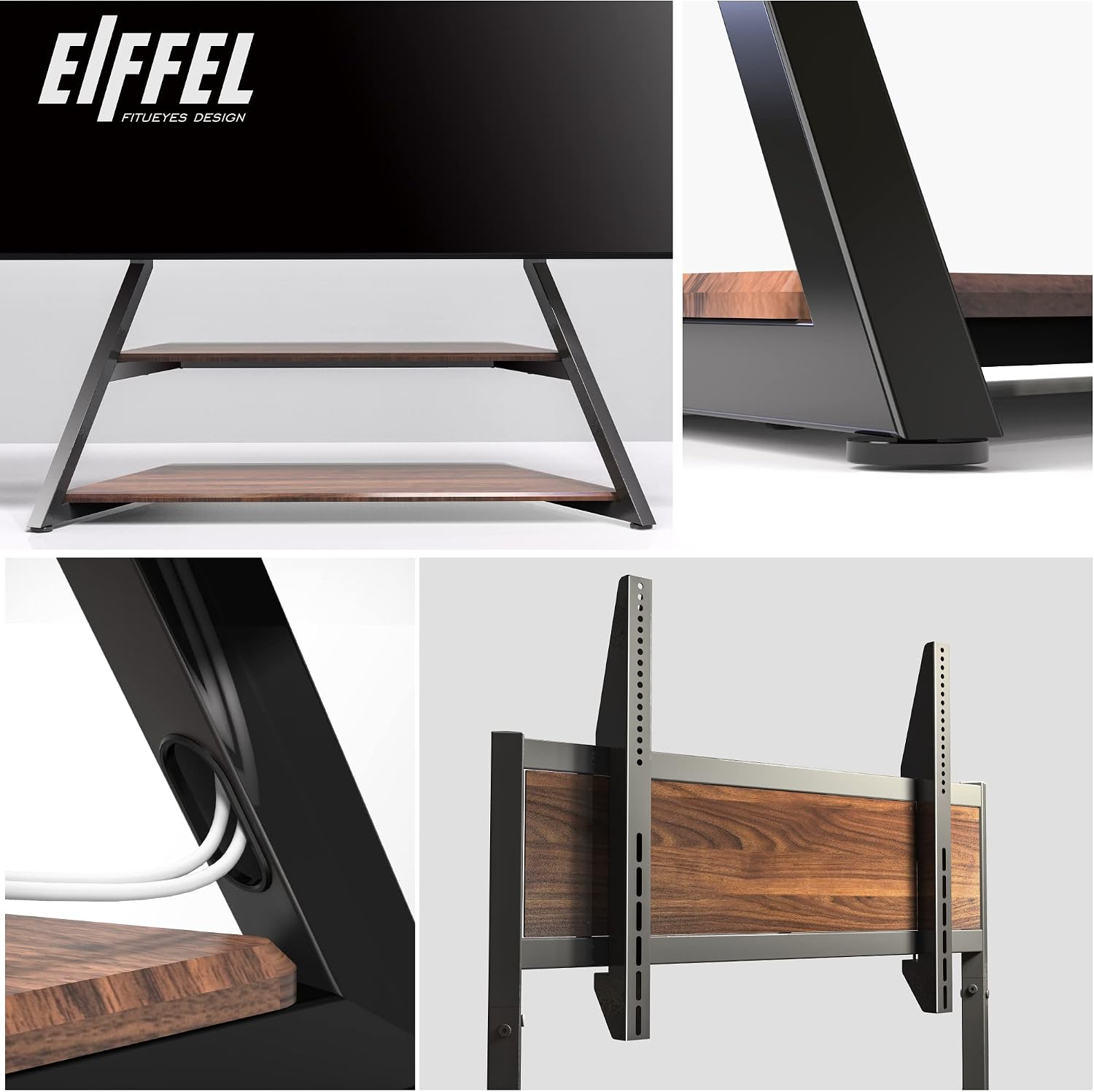 FITUEYES Design Large TV Floor Stand for 75 77 85 86 90 100 Inch TVs, Heavy Duty TV Stand Mount with Large Wood Entertainment Shelf, Modern Living Room Television Stands, Up to 187 lbs, Eiffel Series
