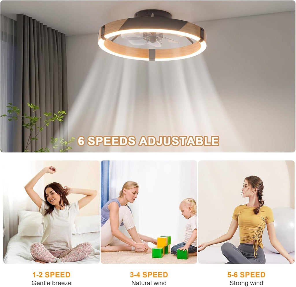 Garwarm 20IN Low Profile Ceiling Fans with Lights and Remote, 30W Fandelier Ceiling Fan Flush Mount,3000K-6500K Dimmable Bladeless LED Fan Light for Bedroom Kitchen Living Room Dining Room