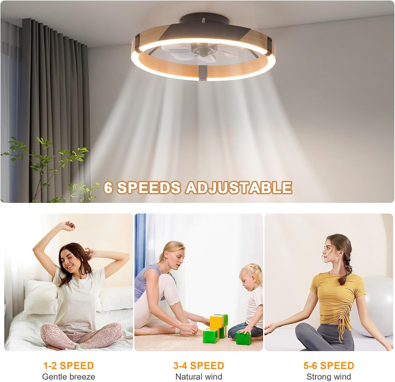 Garwarm 20IN Low Profile Ceiling Fans with Lights and Remote, 30W Fandelier Ceiling Fan Flush Mount,3000K-6500K Dimmable Bladeless LED Fan Light for Bedroom Kitchen Living Room Dining Room