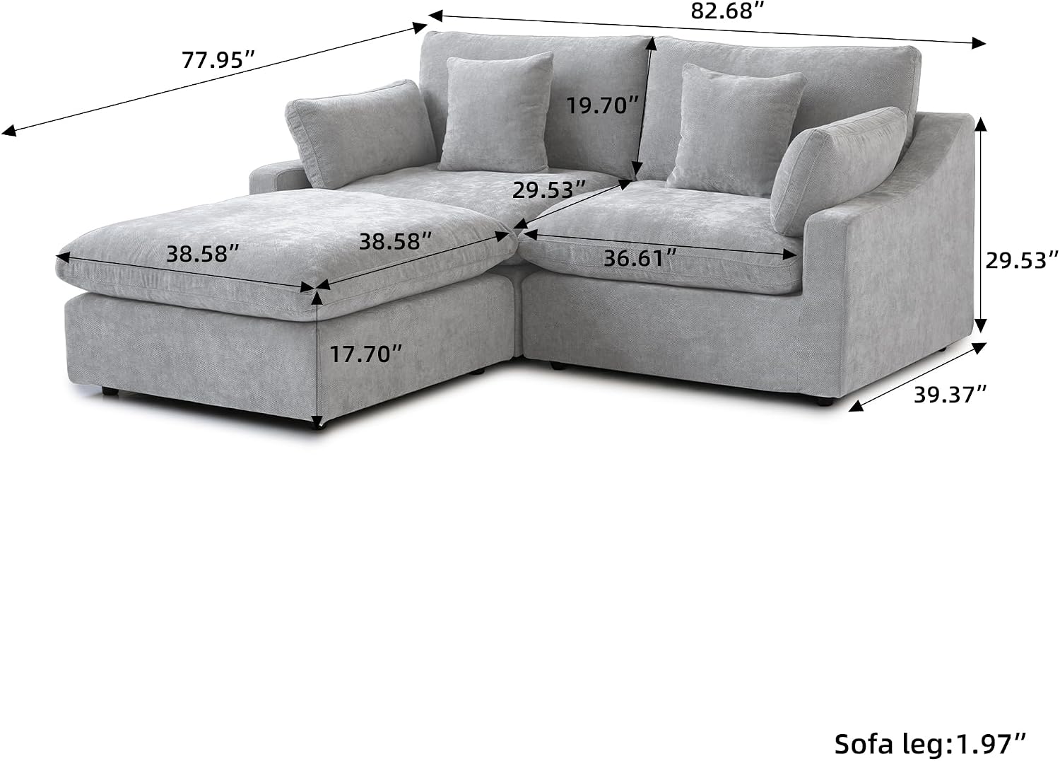 Modular Sectional Sofa Cloud Couch, 82.68' Loveseat Sofa with Chaise Ottoman, Linen Blend Fabric Minimalist Deep Seat Couches for Apartment Small Space, Sofa Covers Washable&Removable, Grey