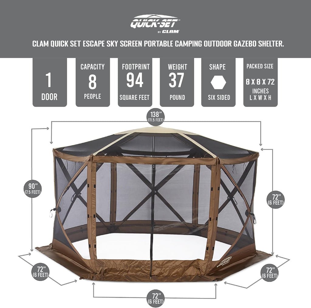Clam Quick-Set Sky Screen Shelter – 8-Person Pop-Up Tent with Screened Roof for Airflow & Stargazing, 140' x 140', Brown, Instant Setup, Oversized Carry Bag – Camping, Tailgating, Outdoor Use