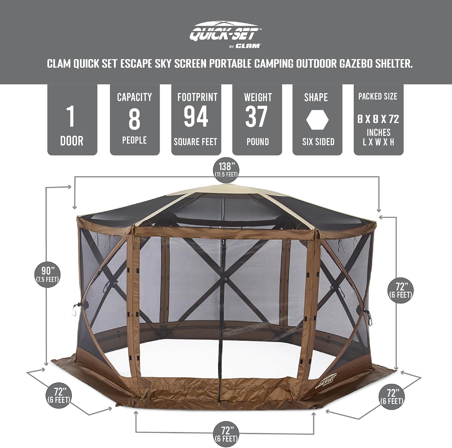 Clam Quick-Set Sky Screen Shelter – 8-Person Pop-Up Tent with Screened Roof for Airflow & Stargazing, 140' x 140', Brown, Instant Setup, Oversized Carry Bag – Camping, Tailgating, Outdoor Use